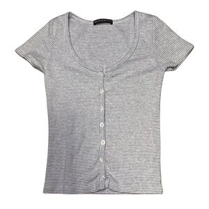 Brandy Melville Blue and White Striped Crop Top Tee with Buttons Down - Size S